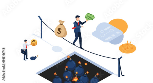 Brave businessman balances on tightrope over pit of bombs while carrying heavy bags of cash in high risk investment.