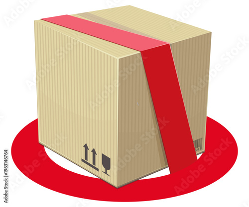 Cardboard parcel box combined with a red prohibition circle sign, representing trade restrictions, banned goods, delivery embargo or shipping security issues. (cut out)