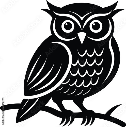 Wise Owl Bird Sitting on Branch Silhouette Icon