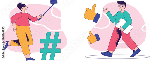 Two people celebrating with selfie stick and documents while giving thumbs up happily together joyfully