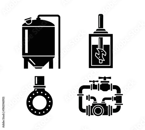 Industrial equipment icons including tanks, pipes, valves, and mixers for manufacturing and engineering processes