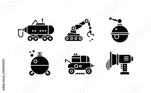 Collection of futuristic robots and automated vehicles, including a submarine robot, a robotic arm, a droid, a wheeled vehicle, and a megaphone