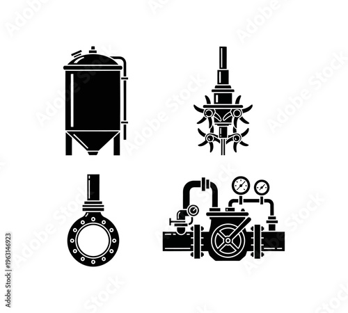 Black silhouette icons illustrating diverse industrial equipment, featuring a processing tank, agitator, pipe flange, and fluid control system, ideal for engineering visuals