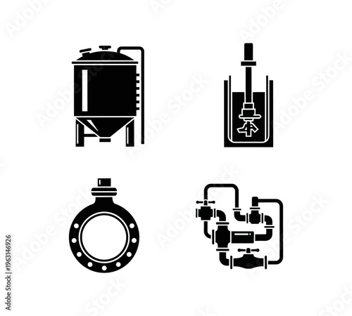 Vector icons of diverse industrial processing equipment tanks, mixers, flanges, and piping. Essential black silhouettes for manufacturing and engineering applications