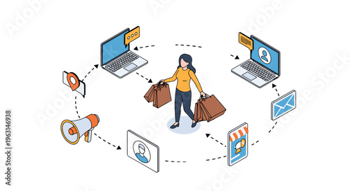 Shopper experiences seamless omnichannel retail journey through various digital touchpoints and physical store interactions.