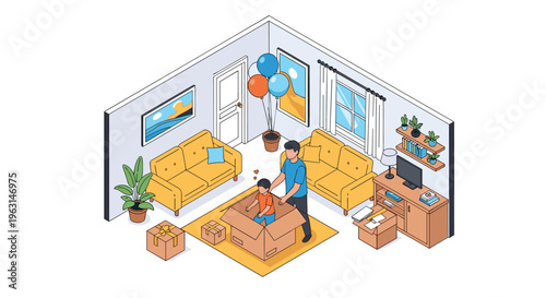 Happy father and young son play inside cardboard moving box while settling into their brand new living room space.