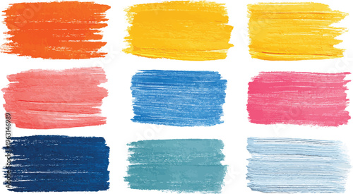 Nine textured brush stroke paint swatches in orange yellow pink blue and teal on white background