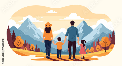 Family with two young children enjoys scenic hike through beautiful autumn mountain landscape during sunny daytime.