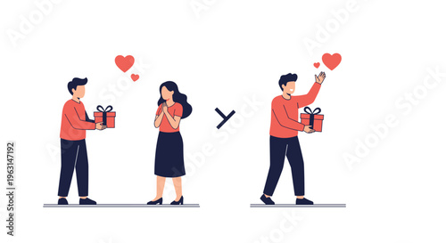 Romantic man expresses love by giving beautifully wrapped red gift boxes to his partner in series of sweet scenes.