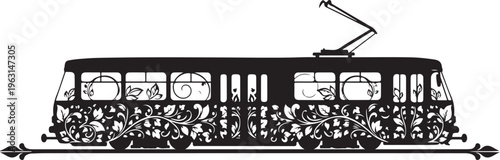 Black silhouette of a tram with floral streetcar trolley