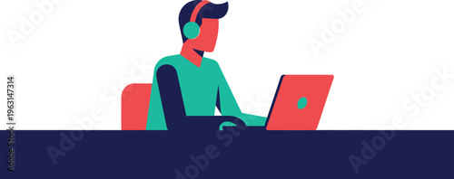 Customer Support Specialist Working on Laptop Vector - Modern Illustration of IT Help Desk Professional with Headset for Remote Work and Call Center Services