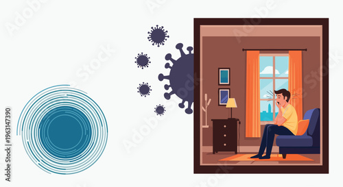 Man sits alone on sofa looking out window while dealing with feelings of isolation and depression during quarantine.