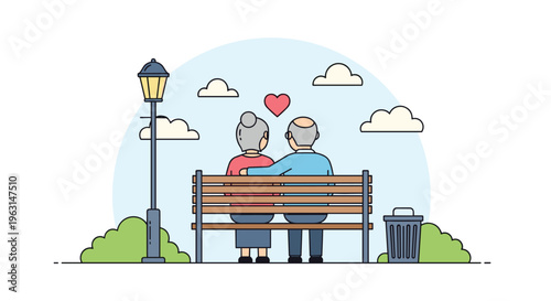 Elderly couple sits together on park bench seen from behind while enjoying peaceful moment under floating red heart.