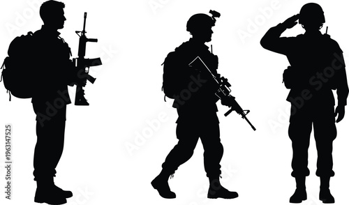 Military soldier silhouette set with rifle, army infantry man saluting, tactical gear backpack, combat warrior standing, armed forces patrol, veteran illustration