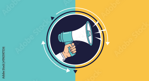 Hand holds megaphone inside circular graphic to represent digital marketing and communication strategy concepts.
