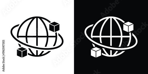 Global logistics icon showing a world globe with package cubes on an orbital ring. Perfect for supply chain management, international shipping, e-commerce, and global distribution concepts.