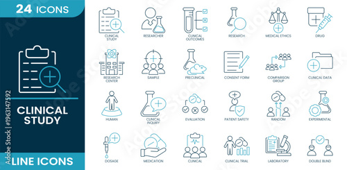 Clinical study icon set. Research, clinical study, drug, laboratory, patient safety, evaluation, sample, clinical trial, consent form, biometrics, data, medication, Line vector icons collection.