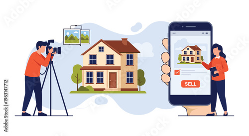 Professional photographer uses a camera and tripod to take photos of a house for an online real estate selling application.