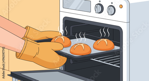 Person wearing protective oven mitts takes a tray of freshly baked hot bread rolls out of a kitchen stove oven.