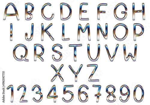 3D Iridescent Chrome Alphabet and Numbers Set, Metallic Glossy Liquid Text Effect