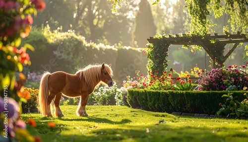 A small brown horse stands in a lush green garden with flowers