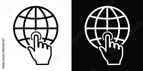 User interface icon featuring a hand cursor touching a globe grid. Represents interactive global maps, worldwide networking, digital connectivity, and international user engagement.