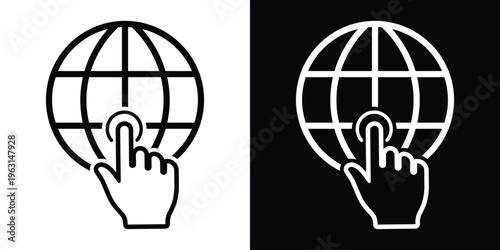 User interface icon featuring a hand cursor touching a globe grid. Represents interactive global maps, worldwide networking, digital connectivity, and international user engagement.