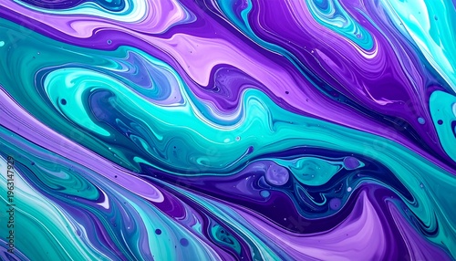 Abstract Swirling Paint Fluid Art with Purple and Teal Colors.