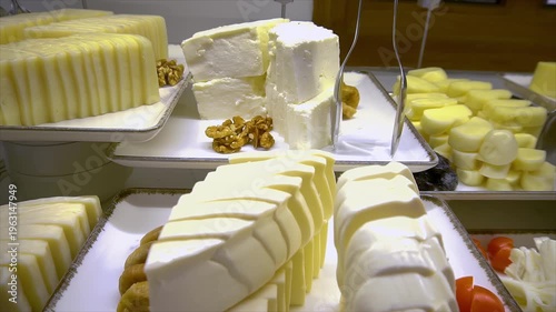 Buffet in a resort hotel restaurant. Cheese slices.
