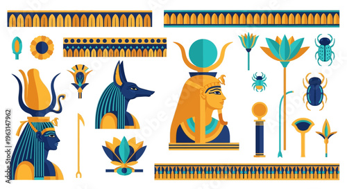 Ancient Egyptian Papyrus Motifs and Hieroglyphic Vector Borders