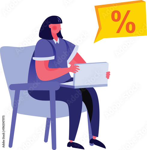 A person sitting at a desk with a laptop and a large zero percent sign floating nearby