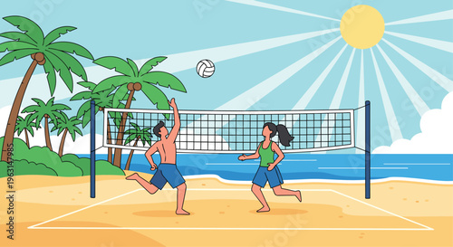 Young man and woman enjoy a sunny day playing beach volleyball on a sandy shore with palm trees and ocean in the background.