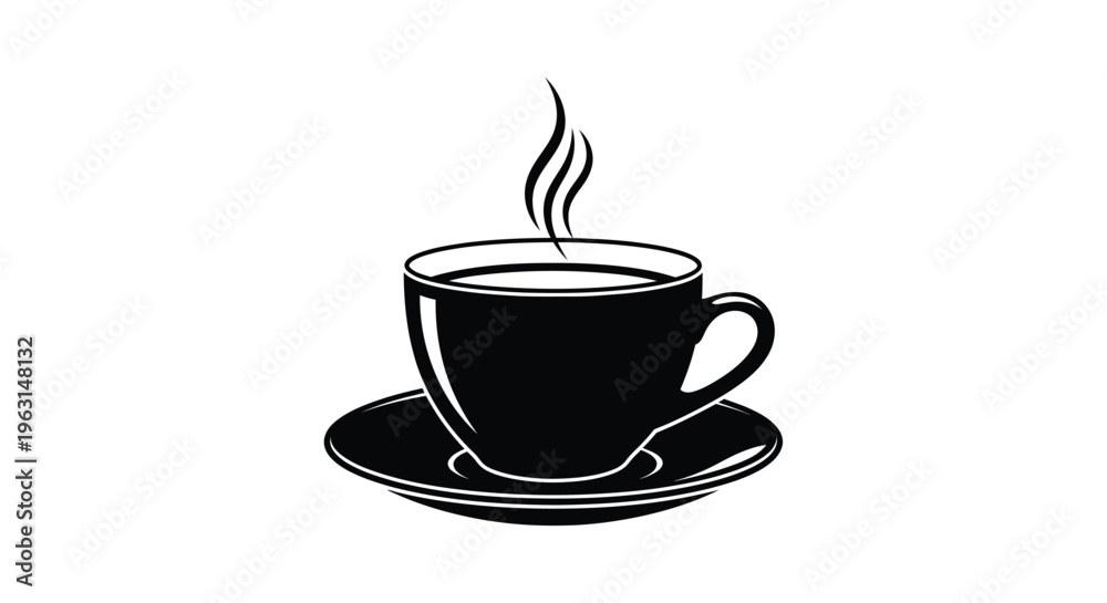 Fototapeta premium A steaming cup of coffee and saucer a striking black silhouette