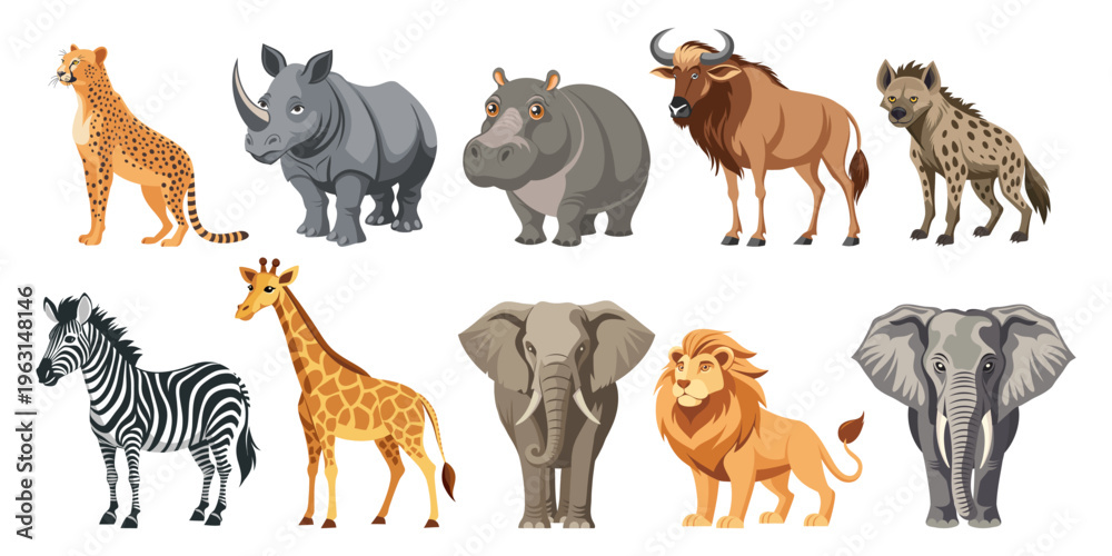 Obraz premium Set of african animals. Wildlife animals set. Giraffe rhinoceros elephant hippopotamus zebra lion hyena