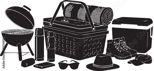 Outdoor picnic basket grill cooler with food and drinks for barbecue vector illustration