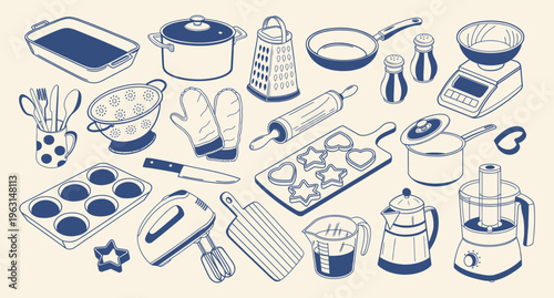 Set of hand drawn kitchen utensils and cooking tools. Home cooking set with pots, pans and accessories. Blue outline illustration.