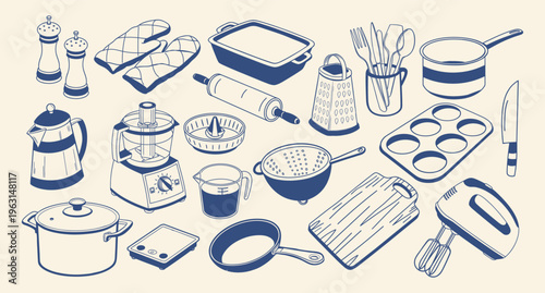 Set of hand drawn kitchen utensils and cooking tools. Home cooking set with pots, pans and accessories. Blue outline illustration.