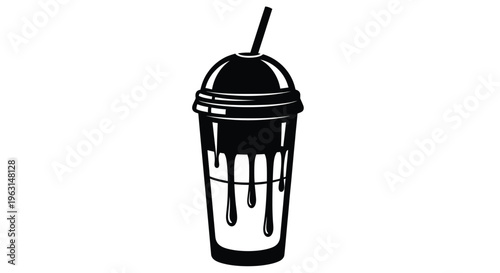 Black silhouette of a dripping plastic cup with a straw silhouette
