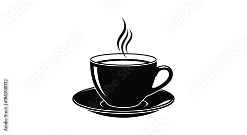 A steaming cup of coffee and saucer a striking black silhouette