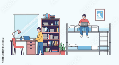 Two male students study together in a shared college dormitory room using laptops and study materials near a bunk bed.