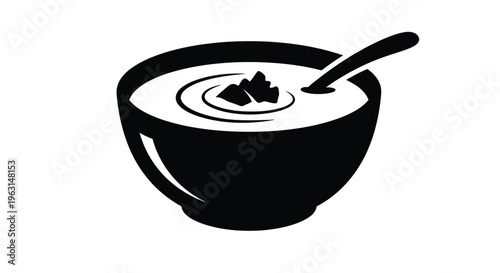 A black silhouette of a bowl of soup with a spoon