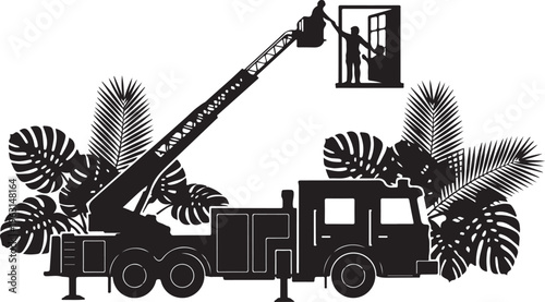 Black silhouette of cherry picker truck with people in basket and window