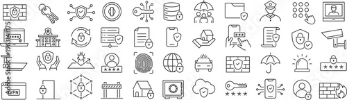 ベクターでモノクロの保護に関する線画アイコンセット
