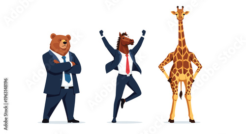 Group of animals including a bear, a horse, and a giraffe are dressed in formal business suits and ties standing together.