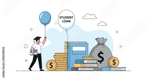 Recent college graduate walks past a pile of books and money while holding a balloon representing student loan debt.