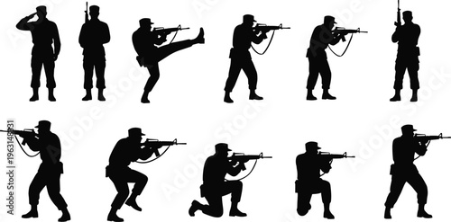 Military soldier silhouettes set with rifles, army infantry man saluting and aiming, tactical combat training, armed forces patrol, veteran illustration
