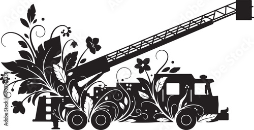 Black silhouette of crane truck with flowers and leaves