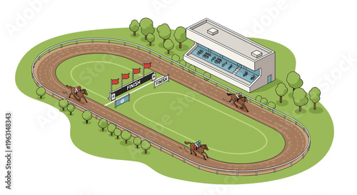 High angle isometric view of a horse racing track with jockeys competing near the finish line and a spectator building.