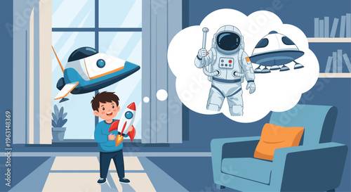 Young boy plays with a toy rocket in his bedroom and dreams of becoming a professional astronaut exploring outer space.