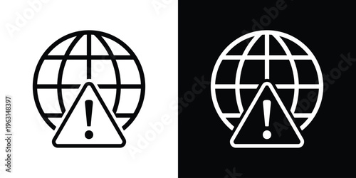 Vector icon of a globe with a prominent warning triangle and exclamation mark. Represents global alerts, internet security risks, worldwide emergencies, and system error notifications.